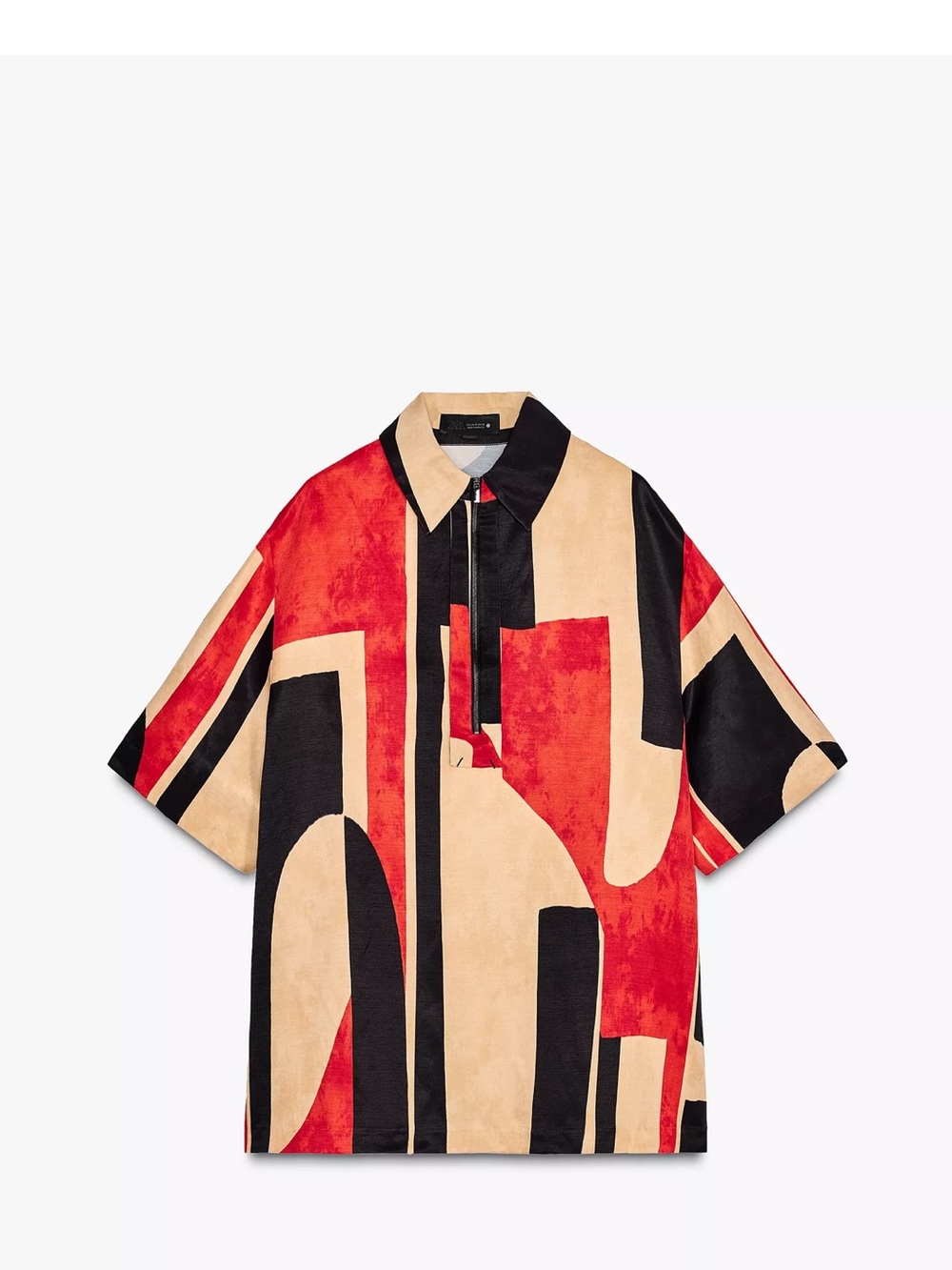 Zara Abstract Short-Sleeve Zip Up Blouse in Red, Black & Cream